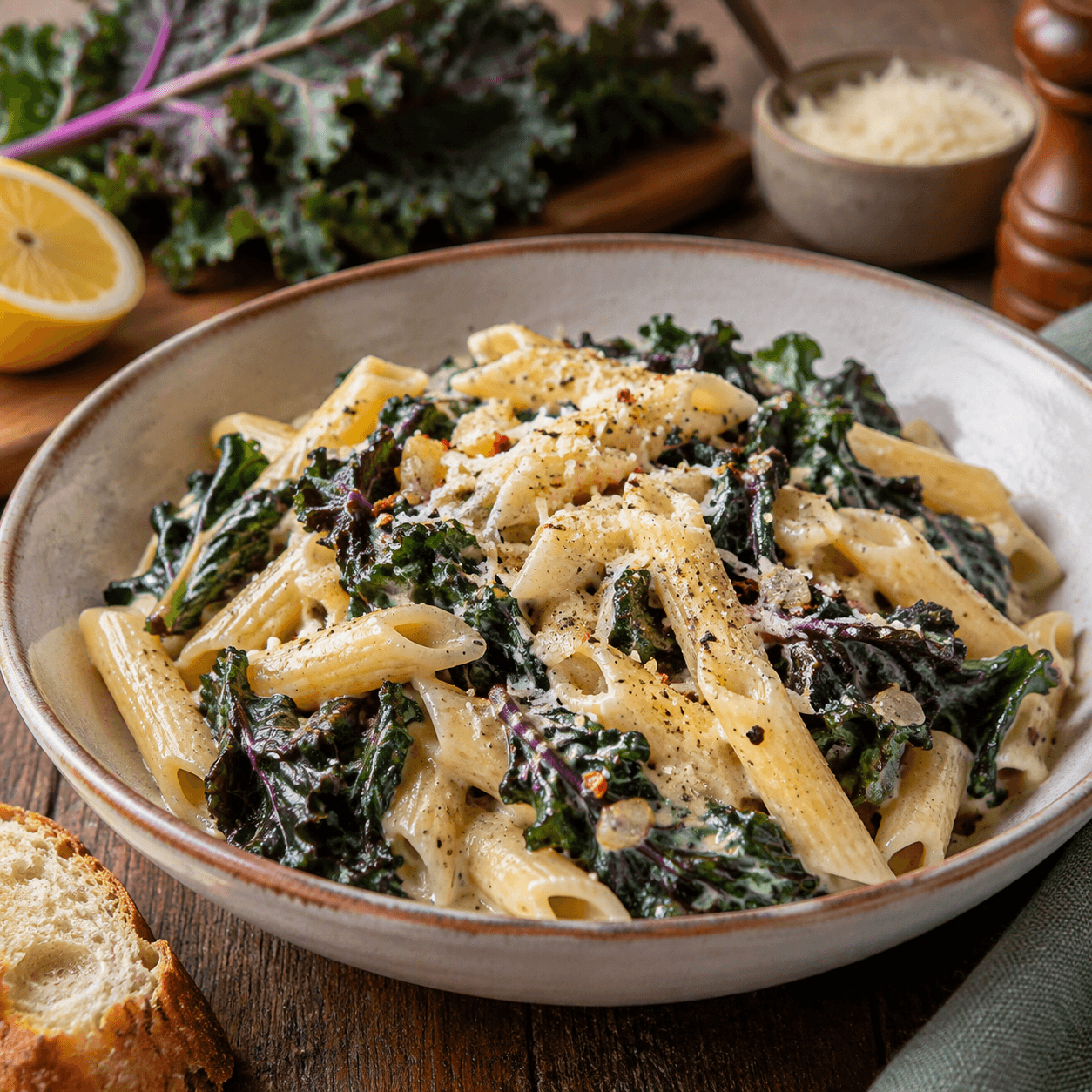 Image of Creamy Red Russian kale & garlic pasta