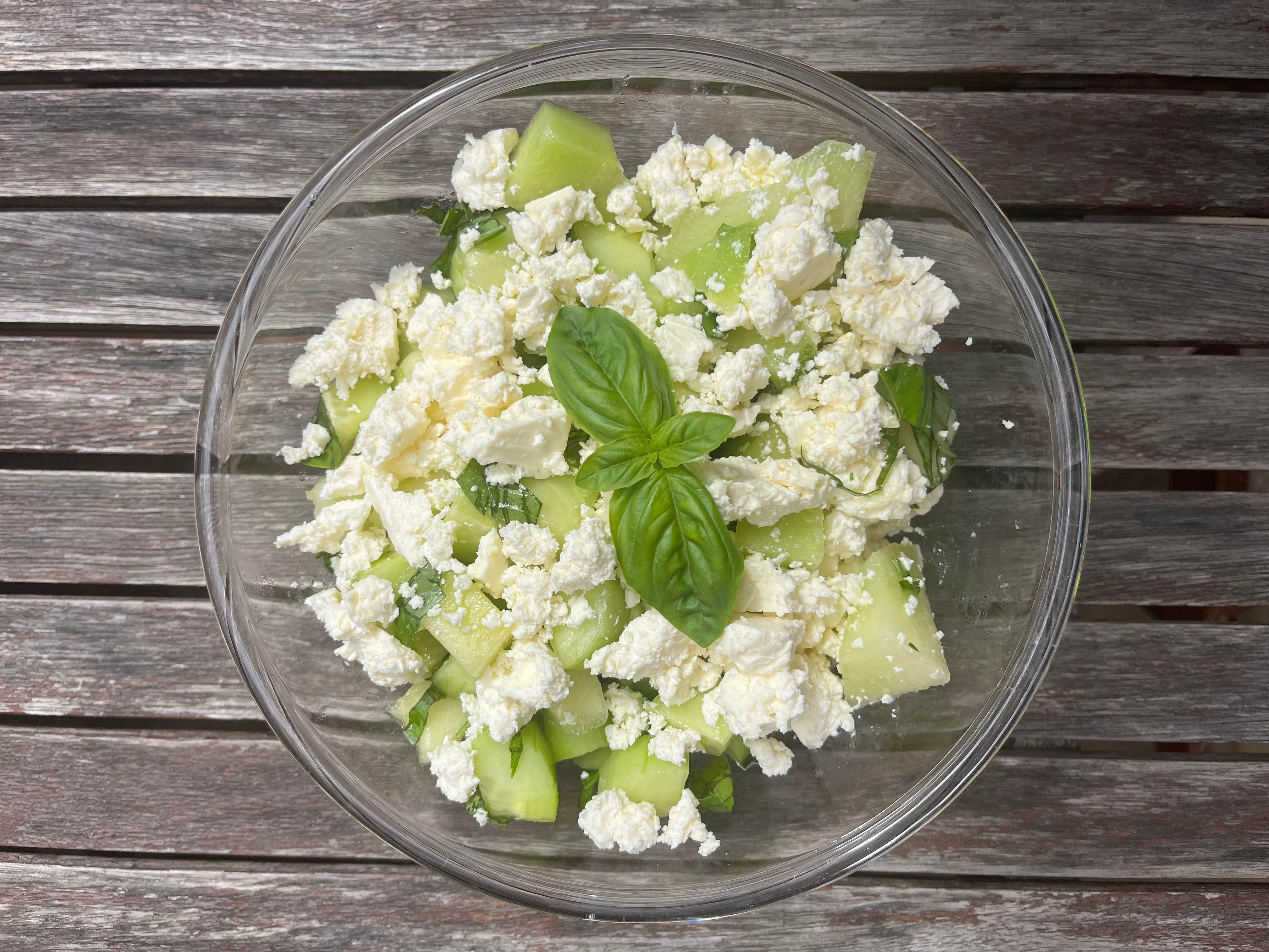 Image of Cucumbers and Melon Salad with Feta Cheese and Herbs