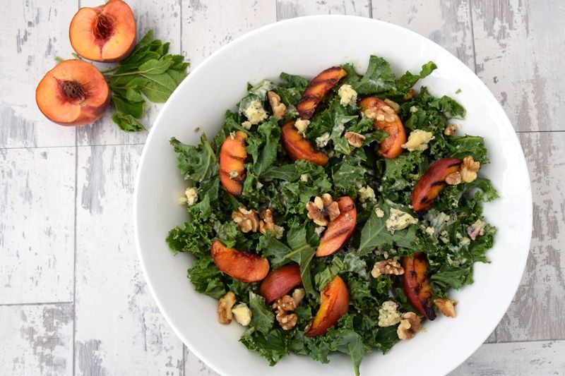 Image of Kale Salad With Grilled Peach, Blue Cheese and Tahini Dressing