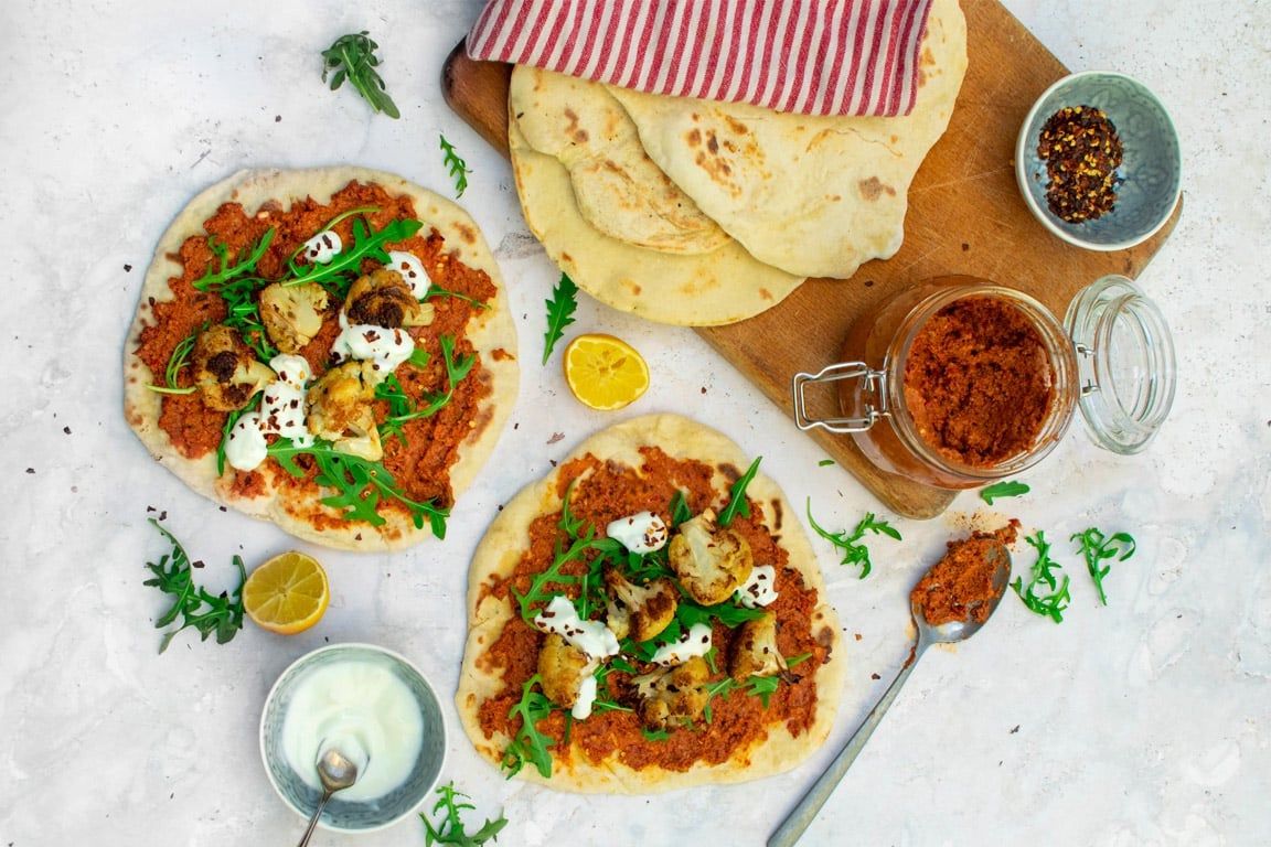 Image of Roasted Cauliflower Flatbreads with Muhammara Dip