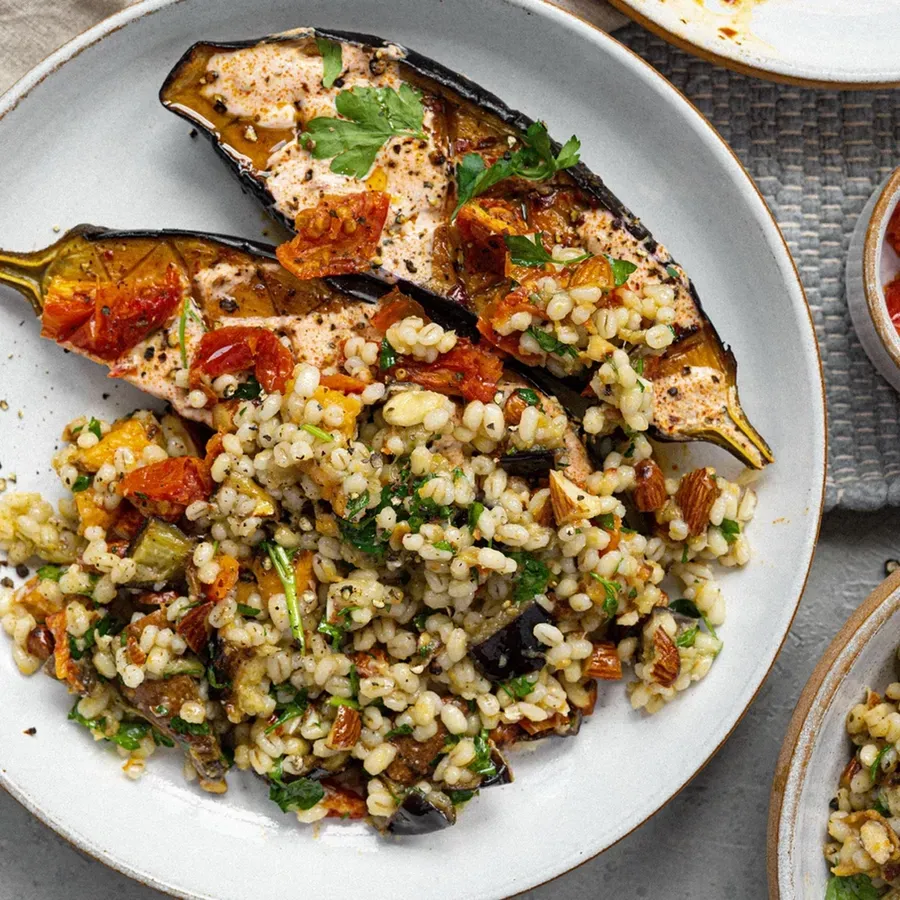 Image of Pearl Barley, Roasted Aubergine & Sweet Potato Salad