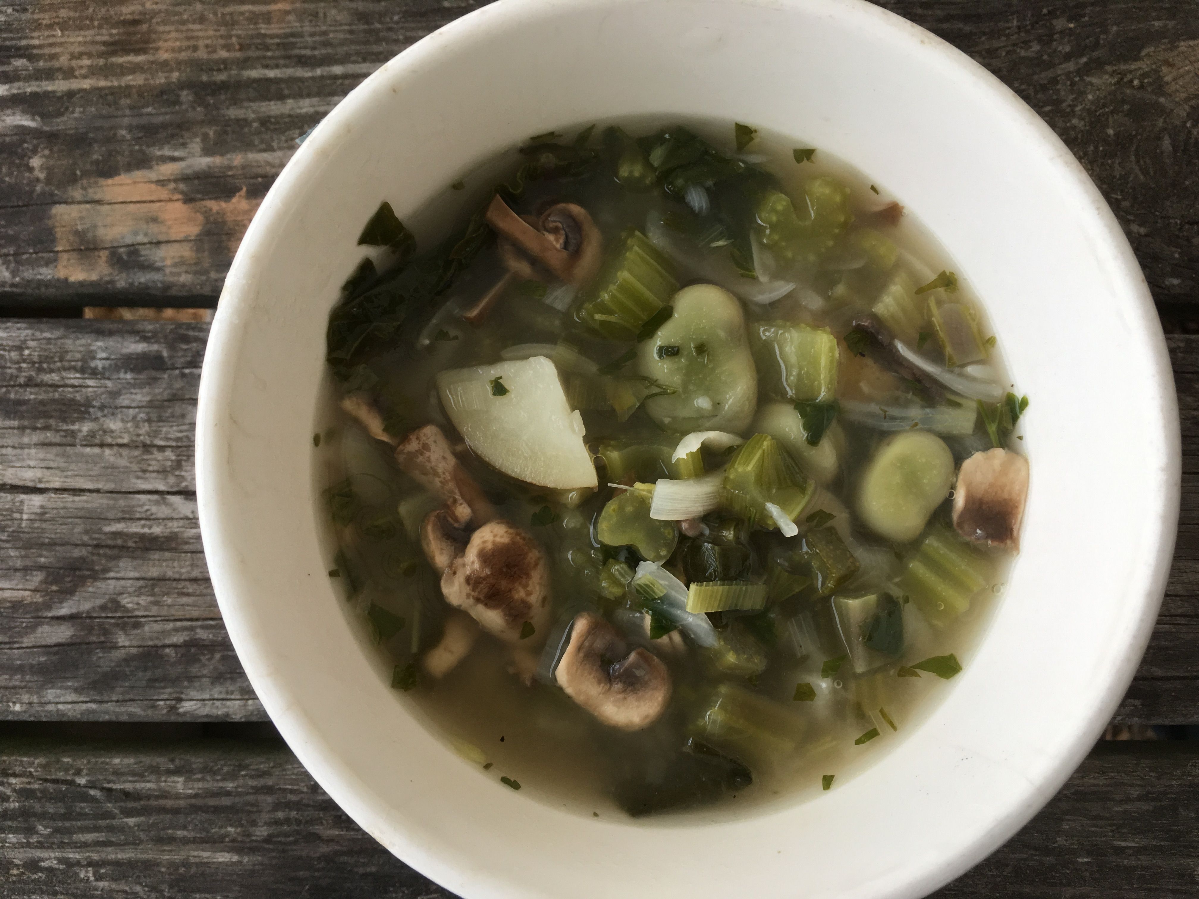 Image of Kale, Broad Beans, Mushrooms and Fresh Garlic Soup