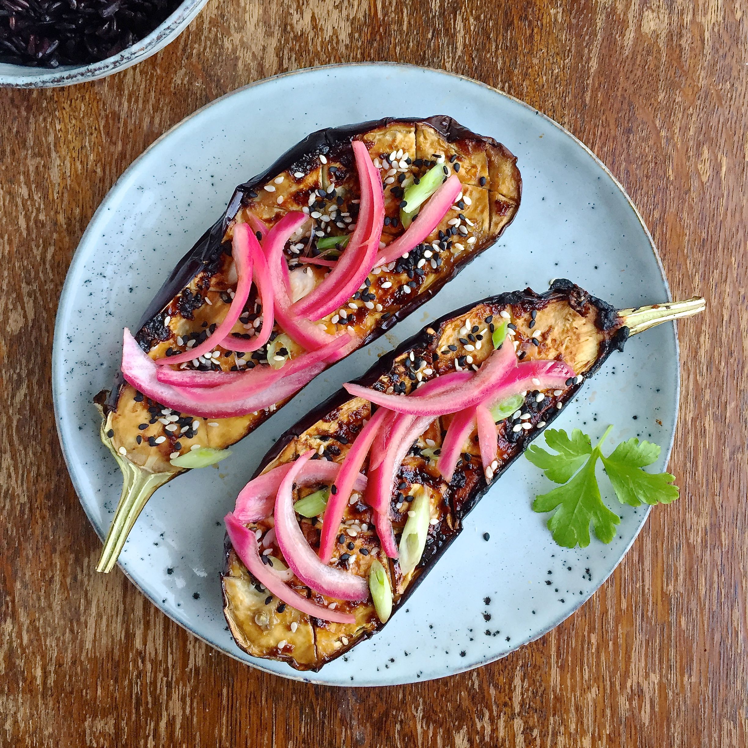 Image of Miso Roast Aubergine with Quick Pickled Red Onions