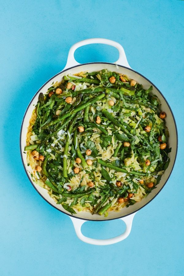 Image of Quick Cook Leek Orzotto with Asparagus, Hazelnuts and Rocket